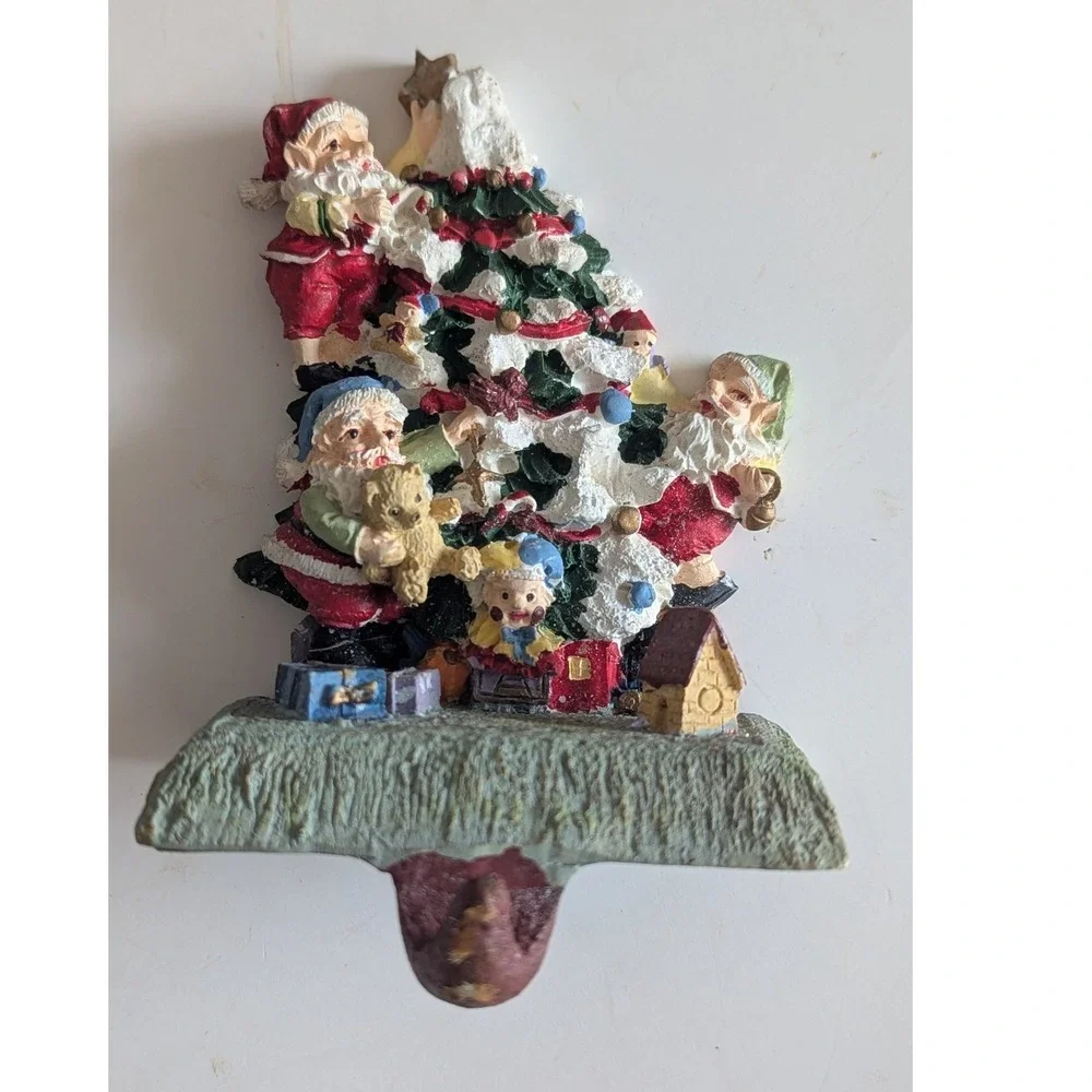 Vintage Santa and Elves Christmas Tree Stocking Holder Weighted Mantle Hanger